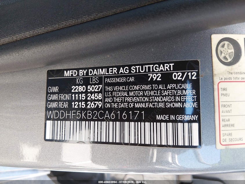 2012 Mercedes-benz VIN WDDHF5KB2CA616171 IAAI salvage auction — RIGHT FRONT, Clear - Dealer Only (California), sold $1,550 on 2026-08-05 (photo 9)