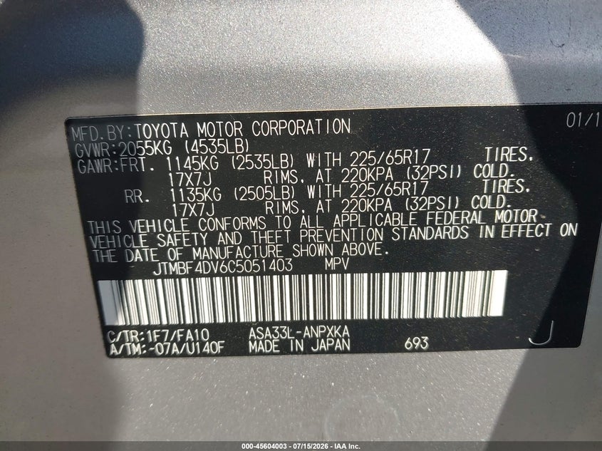 2012 Toyota Rav 4 VIN JTMBF4DV6C5051403 IAAI salvage auction — NORMAL WEAR, Clear (New Jersey), sold $1,400 on 2026-07-30 (photo 9)