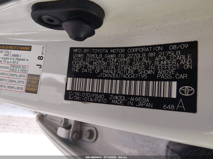 2010 Toyota Prius VIN JTDKN3DU7A0047195 IAAI salvage auction — NORMAL WEAR, Original (Texas), sold $2,350 on 2026-07-17 (photo 9)