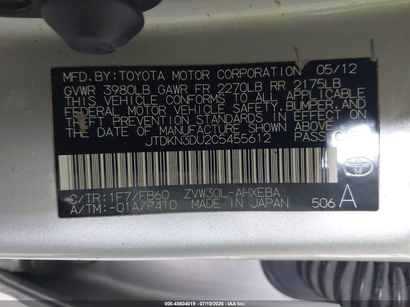 2012 Toyota Prius VIN JTDKN3DU2C5455612 IAAI salvage auction — FRONT END, Salvage Title, sold $900 on 2026-07-29 (photo 9)