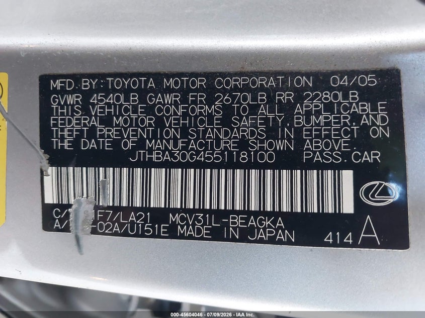 2005 Lexus Es 330 VIN JTHBA30G455118100 IAAI salvage auction — NORMAL WEAR, Salvage Title - Dealer (California), sold $375 on 2026-07-28 (photo 9)
