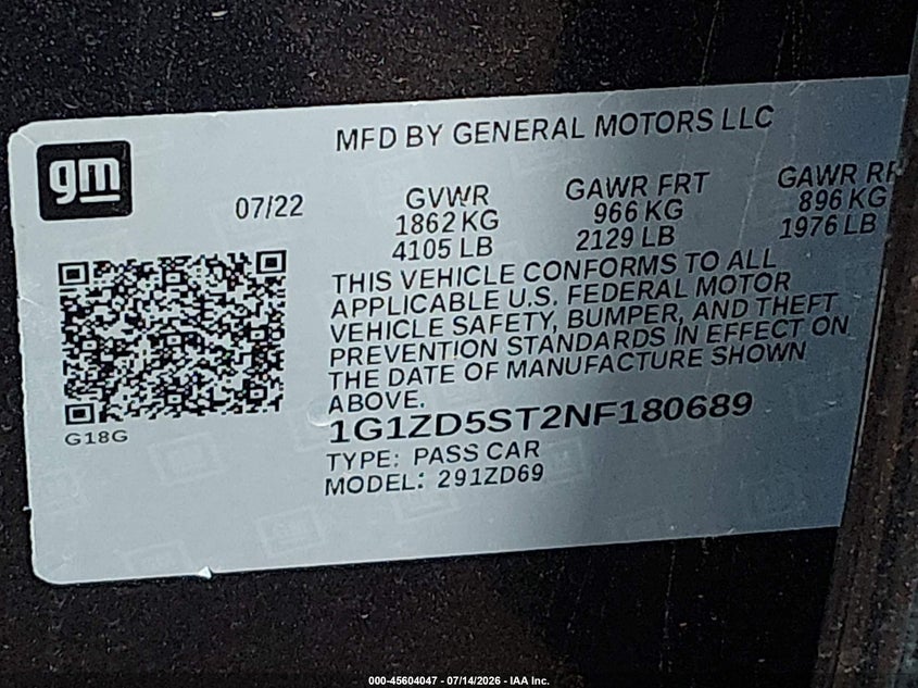 2022 Chevrolet Malibu VIN 1G1ZD5ST2NF180689 IAAI salvage auction — RIGHT FRONT, Salvage Title, sold $2,350 on 2026-07-26 (photo 9)