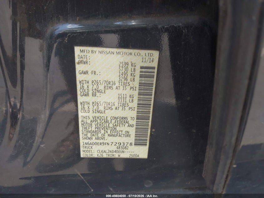 2015 Nissan Navara (frontier) VIN 1N6AD0ER9FN729378 IAAI salvage auction — SIDE, Salvage Title, sold $1,850 on 2026-07-30 (photo 9)