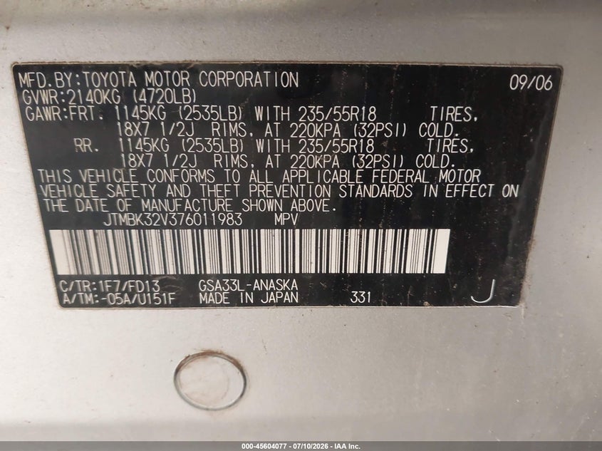 2007 Toyota Rav4 VIN JTMBK32V376011983 IAAI salvage auction — NORMAL WEAR, Regular (South Dakota), sold $300 on 2026-07-29 (photo 9)