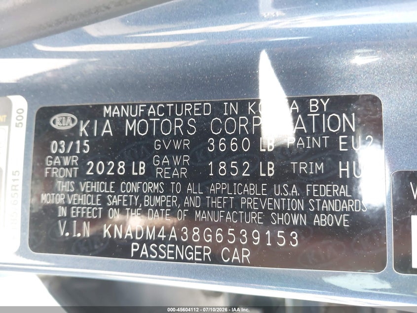 2016 Kia Rio VIN KNADM4A38G6539153 IAAI salvage auction — NORMAL WEAR, Clear - Dealer Only (California), sold $975 on 2026-07-28 (photo 9)