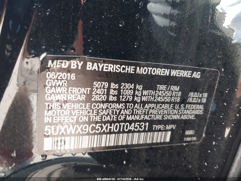 2017 BMW X3 VIN 5UXWX9C5XH0T04531 IAAI salvage auction — SIDE, Salvage (Ohio), sold $2,900 on 2026-07-29 (photo 9)