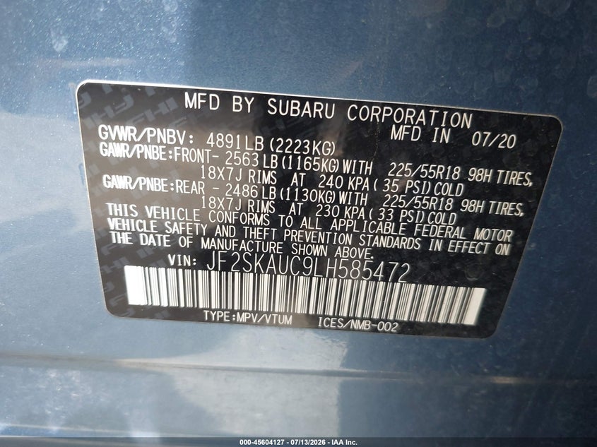 2020 Subaru Forester VIN JF2SKAUC9LH585472 IAAI salvage auction — LEFT FRONT, Salvage (Virginia), sold $6,000 on 2026-07-28 (photo 9)
