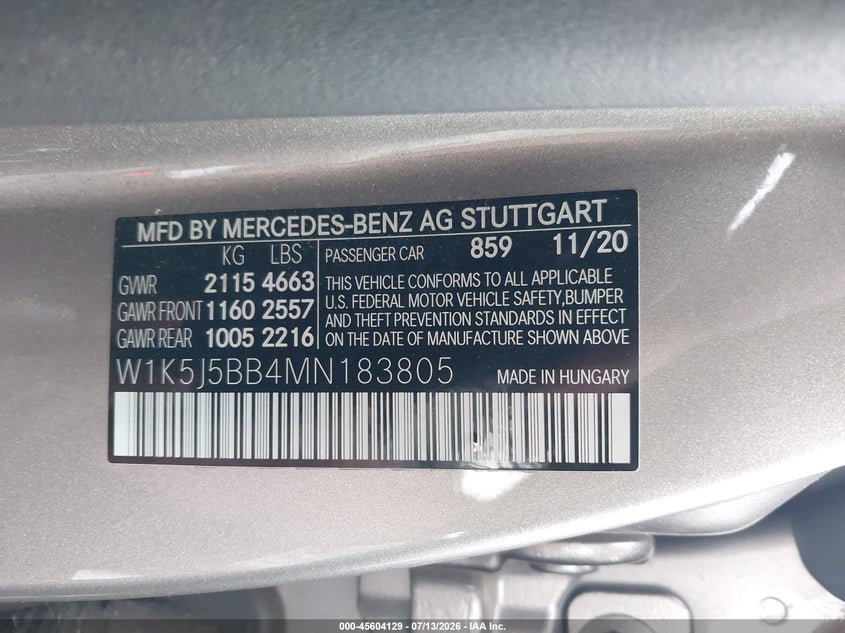 2021 Mercedes-benz VIN W1K5J5BB4MN183805 IAAI salvage auction — FRONT END, Salvage Title, sold $12,450 on 2026-07-31 (photo 9)
