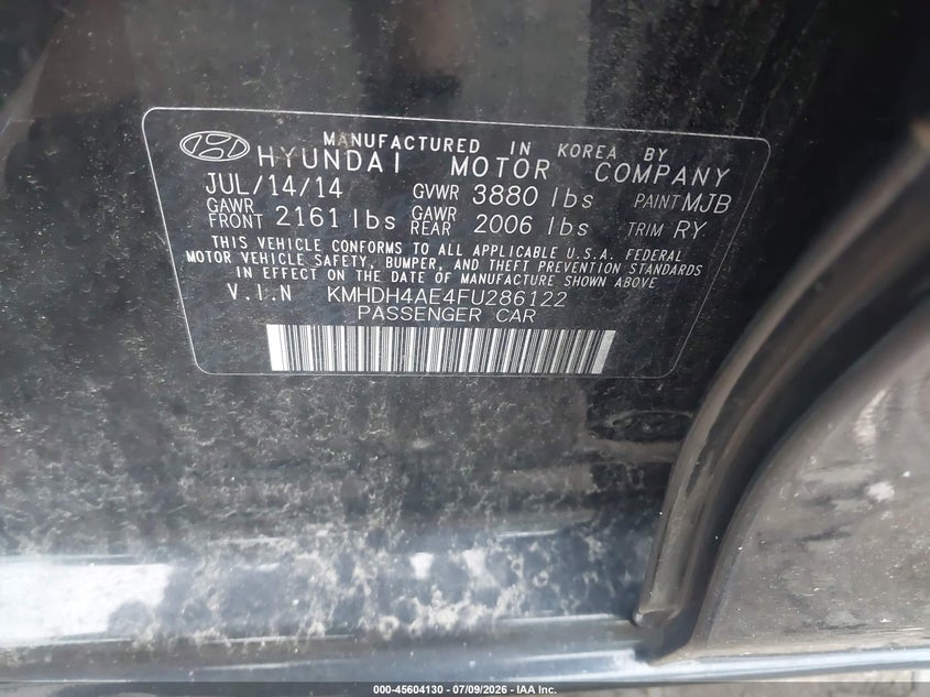 2015 Hyundai Elantra VIN KMHDH4AE4FU286122 IAAI salvage auction — NORMAL WEAR, Clear (New York), sold $1,700 on 2026-07-28 (photo 9)