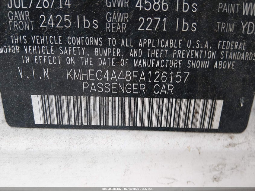 2015 Hyundai Sonata VIN KMHEC4A48FA126157 IAAI salvage auction — NORMAL WEAR, Clear (Arkansas), sold $25 on 2026-07-22 (photo 9)