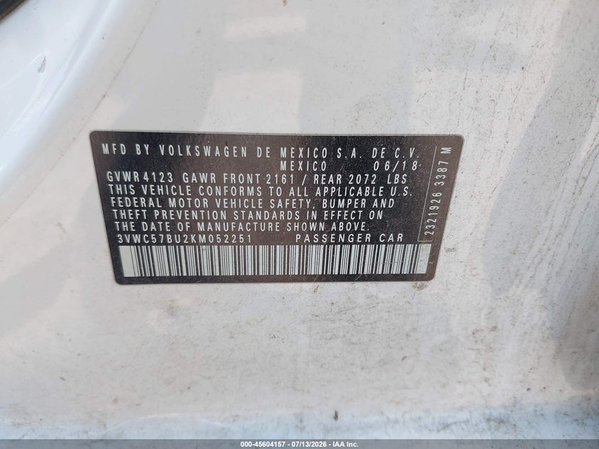 2019 Volkswagen Jetta VIN 3VWC57BU2KM052251 IAAI salvage auction — REAR END, Salvage - 75% Or Less (Maryland), sold $3,700 on 2026-08-29 (photo 9)