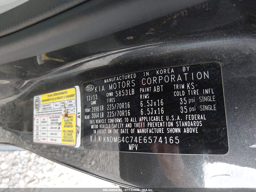2014 Kia SEDONA VIN KNDMG4C74E6574165 IAAI salvage auction — NORMAL WEAR, Original (Kentucky), sold $275 on 2026-07-29 (photo 9)