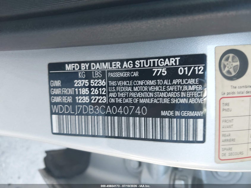 2012 Mercedes-benz Cls-klasse VIN WDDLJ7DB3CA040740 IAAI salvage auction — VANDALISM, Salvage (California), sold $2,000 on 2026-08-03 (photo 9)