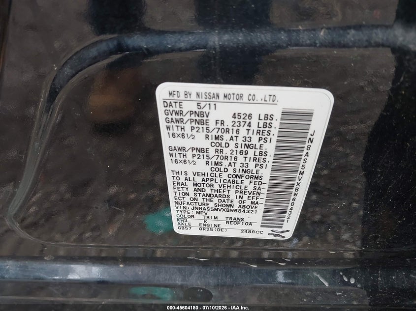 2011 Nissan Rogue sport VIN JN8AS5MVXBW684321 IAAI salvage auction — FRONT END, Salvage (Pennsylvania), sold $175 on 2026-07-28 (photo 9)