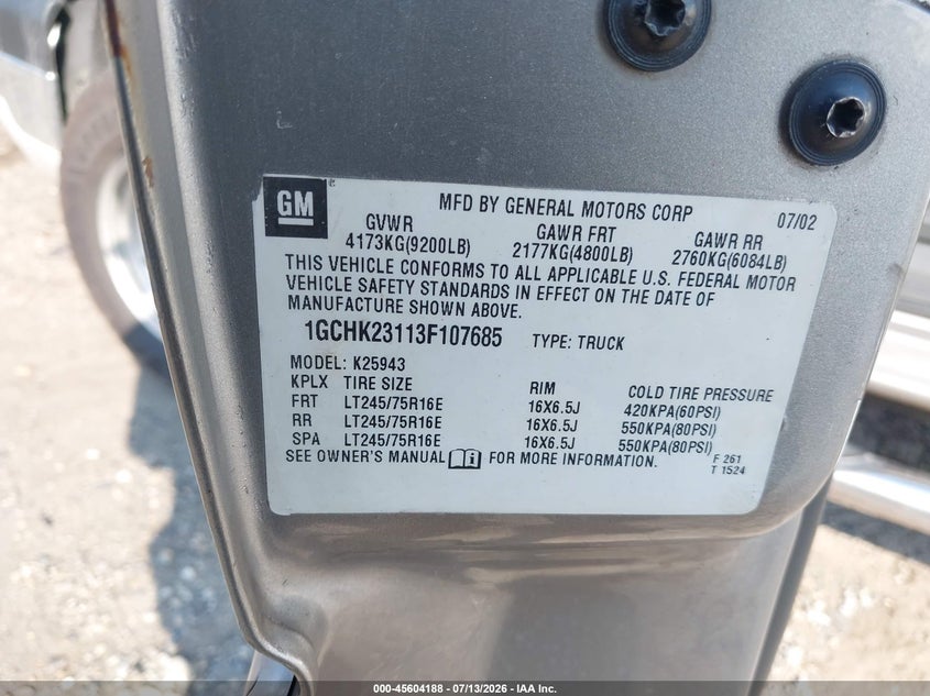 2003 Chevrolet Silverado VIN 1GCHK23113F107685 IAAI salvage auction — TOTAL BURN, Salvage (Pennsylvania), sold $675 on 2026-08-01 (photo 9)