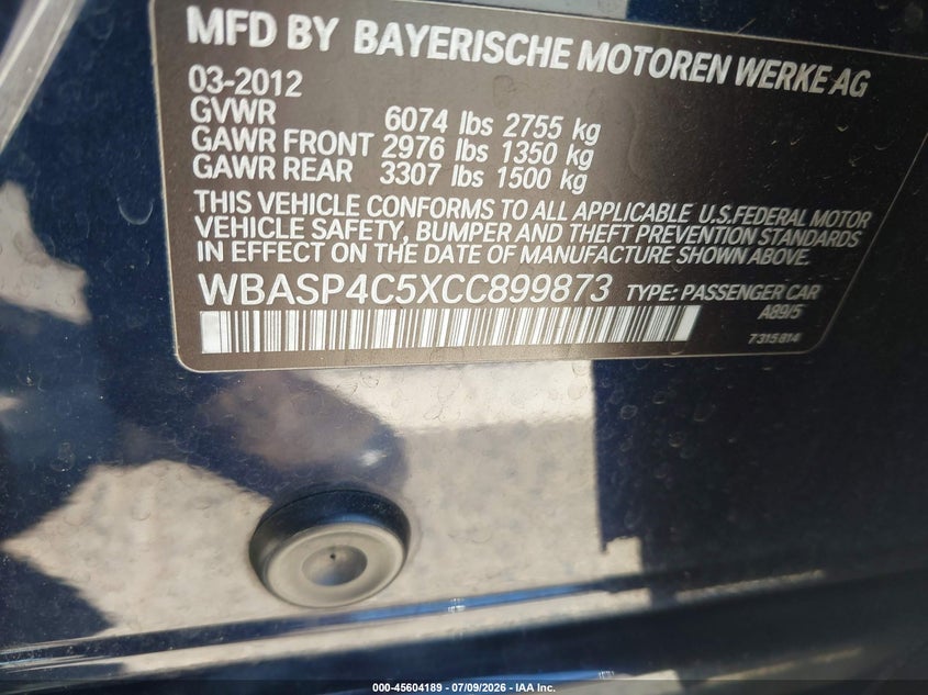 2012 BMW 5er VIN WBASP4C5XCC899873 IAAI salvage auction — LEFT FRONT, Rebuilt (Washington), sold $25 on 2026-07-29 (photo 9)