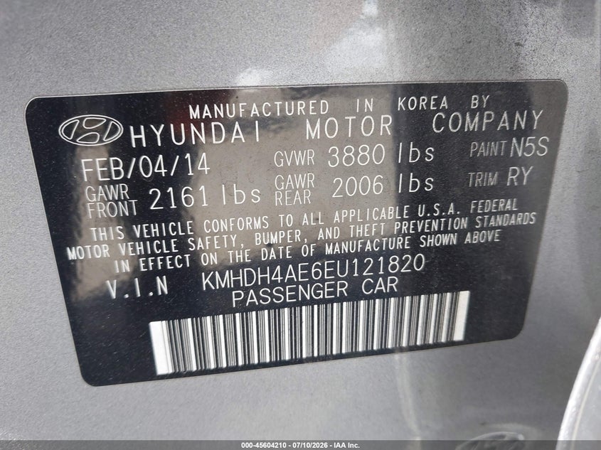 2014 Hyundai Elantra VIN KMHDH4AE6EU121820 IAAI salvage auction — FRONT END, Salvage (California), sold $675 on 2026-07-28 (photo 9)