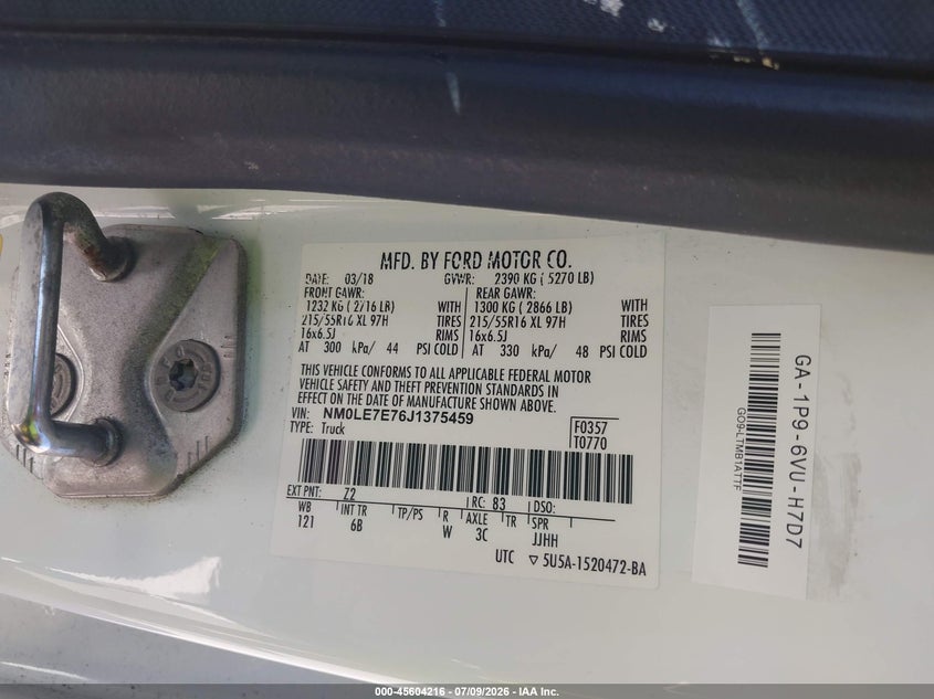 2018 Ford Transit connect VIN NM0LE7E76J1375459 IAAI salvage auction — NORMAL WEAR, Sf97 (California), sold $1,050 on 2026-07-30 (photo 9)