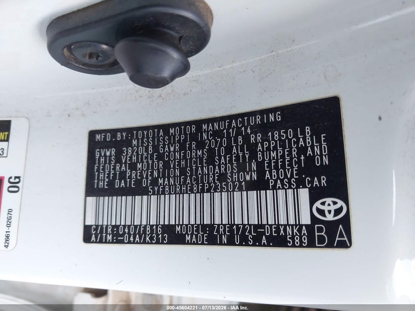 2015 Toyota Corolla VIN 5YFBURHE8FP235021 IAAI salvage auction — REAR END, Salvage Certificate (California), sold $3,950 on 2026-07-24 (photo 9)