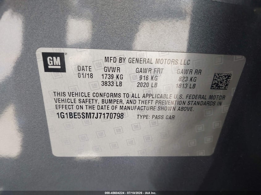 2018 Chevrolet Cruze VIN 1G1BE5SM7J7170798 IAAI salvage auction — REAR END, Salvage Title, sold $1,700 on 2026-07-19 (photo 9)