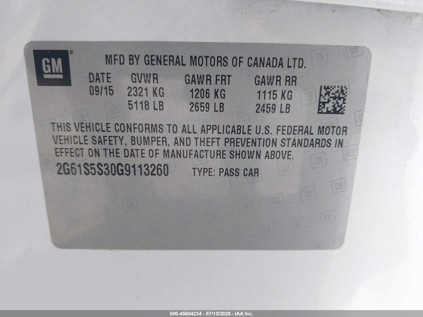 2016 Cadillac Xts VIN 2G61S5S30G9113260 IAAI salvage auction — REAR END, Salvage (Idaho), sold $2,550 on 2026-07-24 (photo 9)