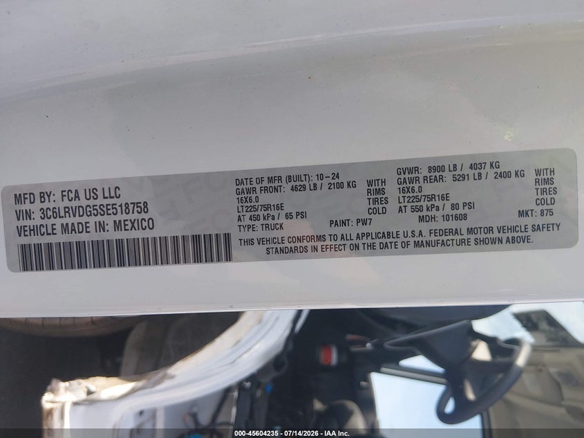 2025 Ram Promaster city VIN 3C6LRVDG5SE518758 IAAI salvage auction — SIDE, Enterprise Vehicles Clear Only (New Jersey), sold $12,200 on 2026-07-31 (photo 9)