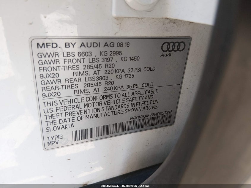 2017 Audi Q7 VIN WA1VAAF72HD027812 IAAI salvage auction — NORMAL WEAR, Clear-Dealer Only (Arizona), sold $3,125 on 2026-07-28 (photo 9)