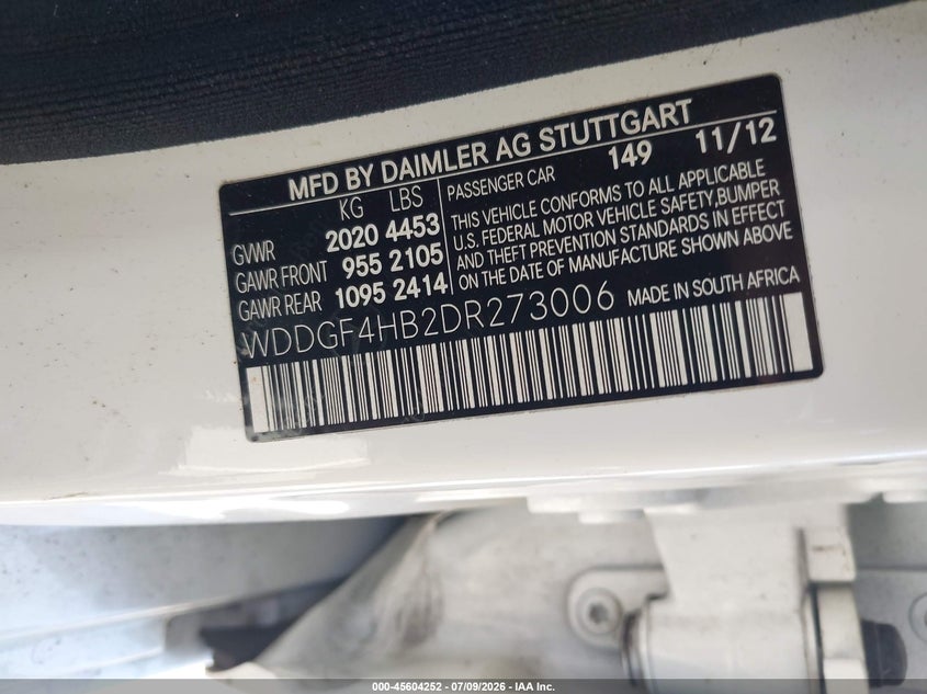 2013 Mercedes-benz VIN WDDGF4HB2DR273006 IAAI salvage auction — FRONT END, Clear Salvage History (California), sold $1,300 on 2026-08-04 (photo 9)