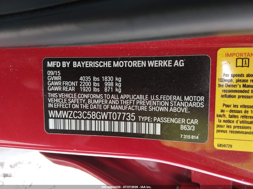 2016 Mini Countryman VIN WMWZC3C58GWT07735 IAAI salvage auction — NORMAL WEAR, Repossession Paperwork (Georgia), sold $3,200 on 2026-08-14 (photo 9)