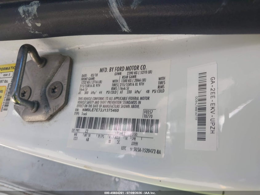 2018 Ford Transit connect VIN NM0LE7E72J1375460 IAAI salvage auction — NORMAL WEAR, Sf97 (California), sold $2,050 on 2026-07-30 (photo 9)