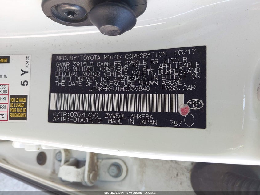 2017 Toyota Prius VIN JTDKBRFU1H3039840 IAAI salvage auction — REAR END, Salvage Title, sold $2,500 on 2026-07-22 (photo 9)