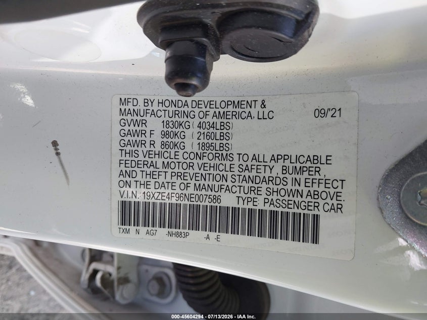 2022 Honda Insight VIN 19XZE4F96NE007586 IAAI salvage auction — RIGHT REAR, Wait Title, sold $7,200 on 2026-08-11 (photo 9)