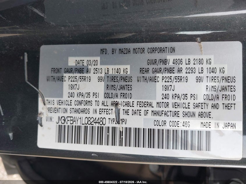 2020 Mazda Cx-5 VIN JM3KFBAY1L0824480 IAAI salvage auction — MECHANICAL, Salvage Title, sold $5,175 on 2026-07-31 (photo 9)