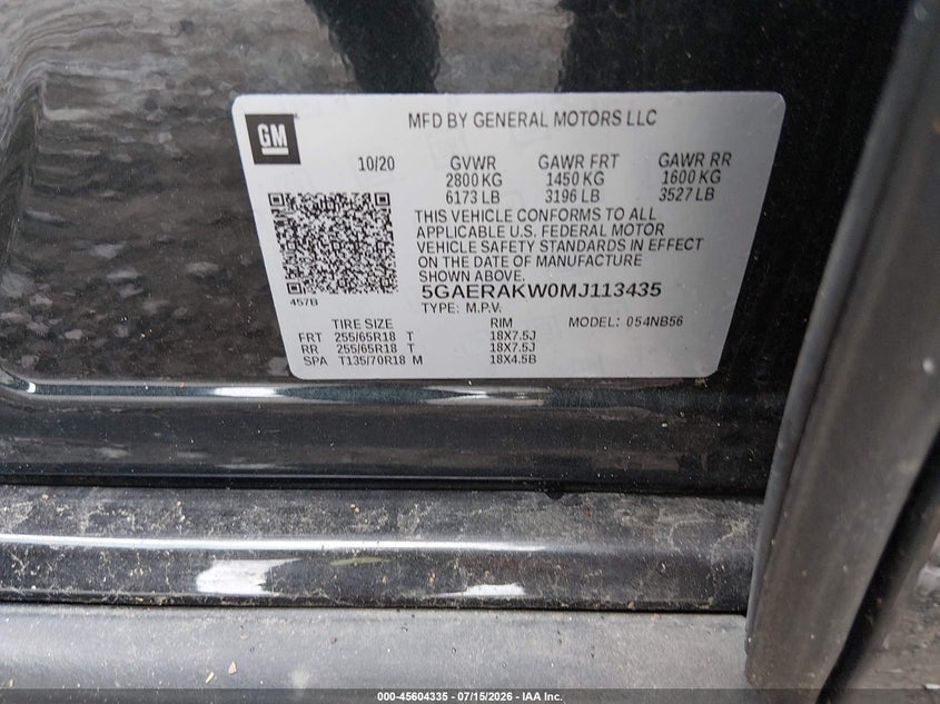 2021 Buick Enclave VIN 5GAERAKW0MJ113435 IAAI salvage auction — FRONT END, Wait Title, sold $1,300 on 2026-08-29 (photo 9)