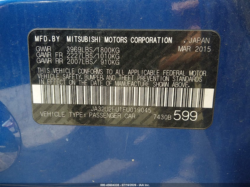 2015 Mitsubishi Lancer VIN JA32U2FU1FU019045 IAAI salvage auction — WATER/FLOOD, Salvage Title, sold $350 on 2026-07-26 (photo 9)