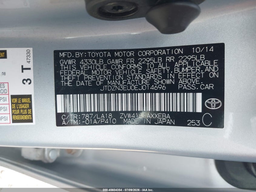 2014 Toyota VIN JTDZN3EU0EJ014696 IAAI salvage auction — FRONT END, Salvage Title, sold $1,450 on 2026-07-16 (photo 9)