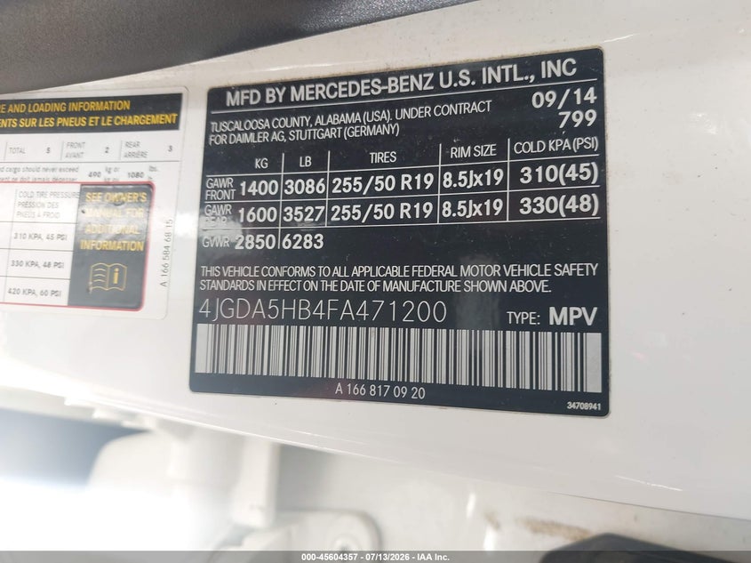 2015 Mercedes-benz M-klasse VIN 4JGDA5HB4FA471200 IAAI salvage auction — HAIL, Salvage (Ohio), sold $8,950 on 2026-08-04 (photo 9)