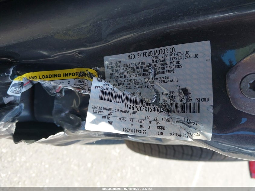 2026 Ford Mustang VIN 1FA6P8CFXT5400763 IAAI salvage auction — FRONT END, Salvage (California), sold $21,600 on 2026-07-30 (photo 9)