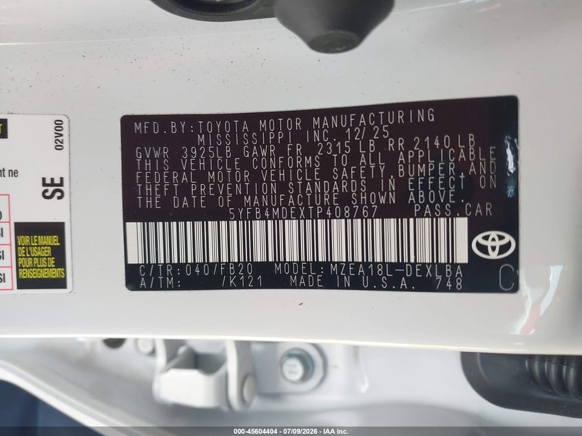 2026 Toyota Corolla VIN 5YFB4MDEXTP408767 IAAI salvage auction — SIDE, Salvage Title, sold $7,950 on 2026-07-30 (photo 9)