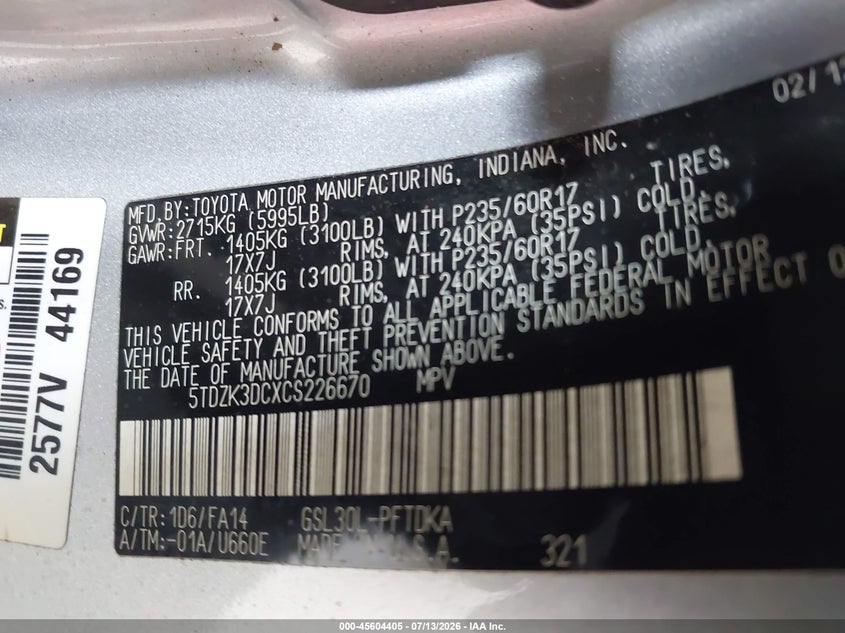 2012 Toyota Sienna VIN 5TDZK3DCXCS226670 IAAI salvage auction — FRONT & REAR, Clear (Georgia), sold $775 on 2026-07-22 (photo 9)