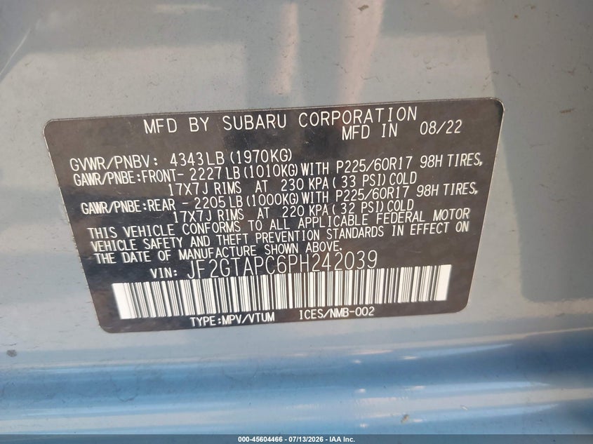 2023 Subaru Xv VIN JF2GTAPC6PH242039 IAAI salvage auction — HAIL, Salvage (Ohio), sold $6,800 on 2026-08-01 (photo 9)