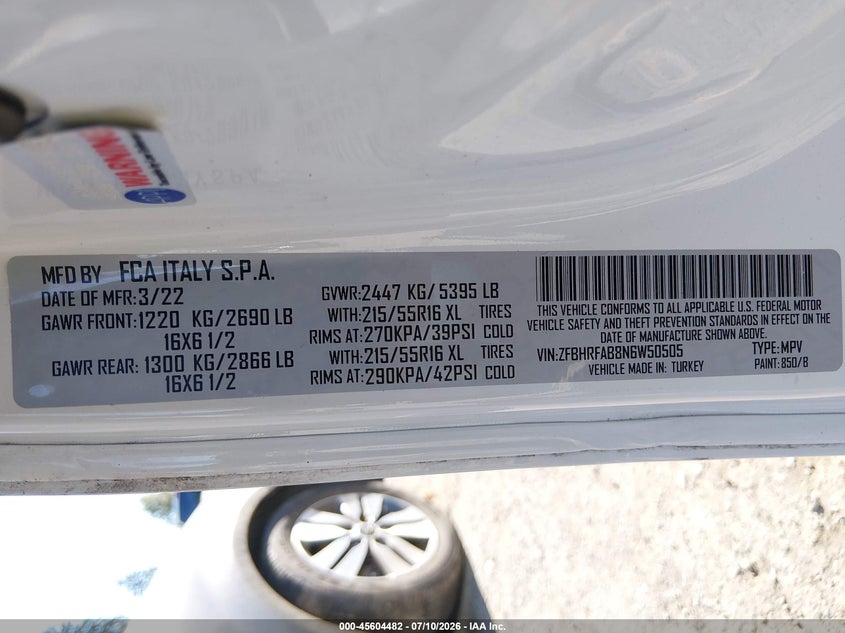 2022 Ram Promaster city VIN ZFBHRFAB8N6W50505 IAAI salvage auction — SIDE, Rebuilt (Washington), sold $7,700 on 2026-07-29 (photo 9)