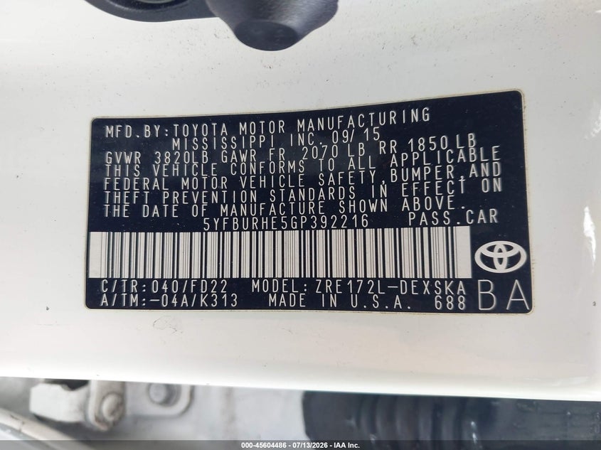 2016 Toyota Corolla VIN 5YFBURHE5GP392216 IAAI salvage auction — RIGHT SIDE, Salvage (California), sold $325 on 2026-07-22 (photo 9)