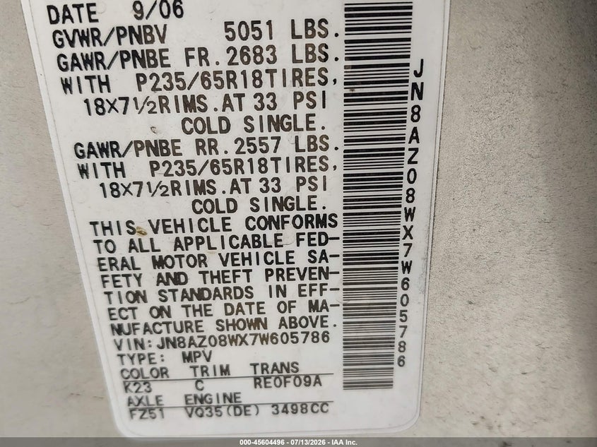 2007 Nissan Murano VIN JN8AZ08WX7W605786 IAAI salvage auction — NORMAL WEAR, Clear (Virginia), sold $350 on 2026-07-27 (photo 9)