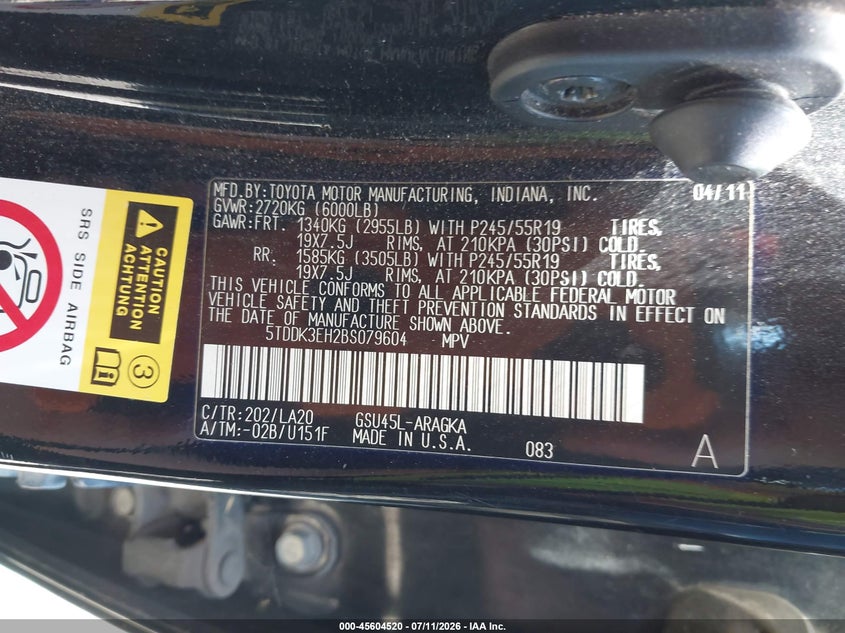 2011 Toyota Highlander VIN 5TDDK3EH2BS079604 IAAI salvage auction — NORMAL WEAR, Clear (Kansas), sold $5,275 on 2026-07-29 (photo 9)