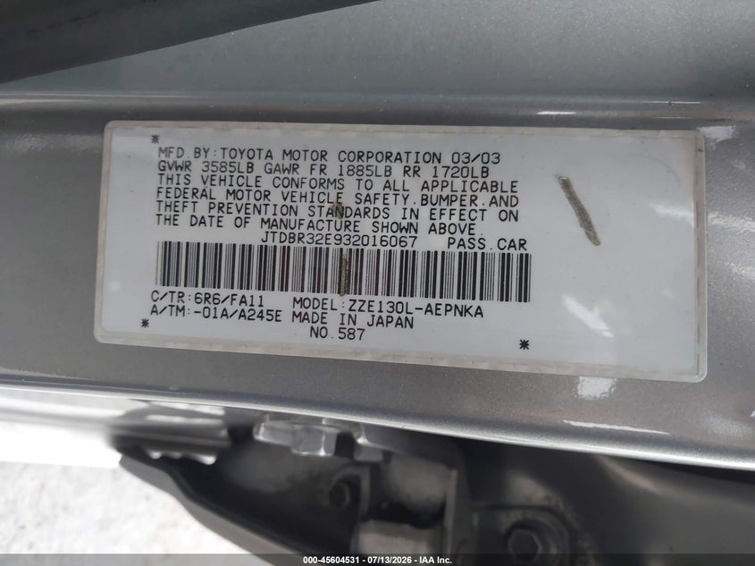 2003 Toyota Corolla VIN JTDBR32E932016067 IAAI salvage auction — FRONT END, Salvage (California), sold $500 on 2026-07-30 (photo 9)