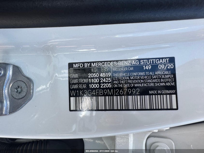2021 Mercedes-benz A-klasse VIN W1K3G4FB9MJ267992 IAAI salvage auction — UNKNOWN, Salvage Title, sold $5,325 on 2026-07-29 (photo 9)