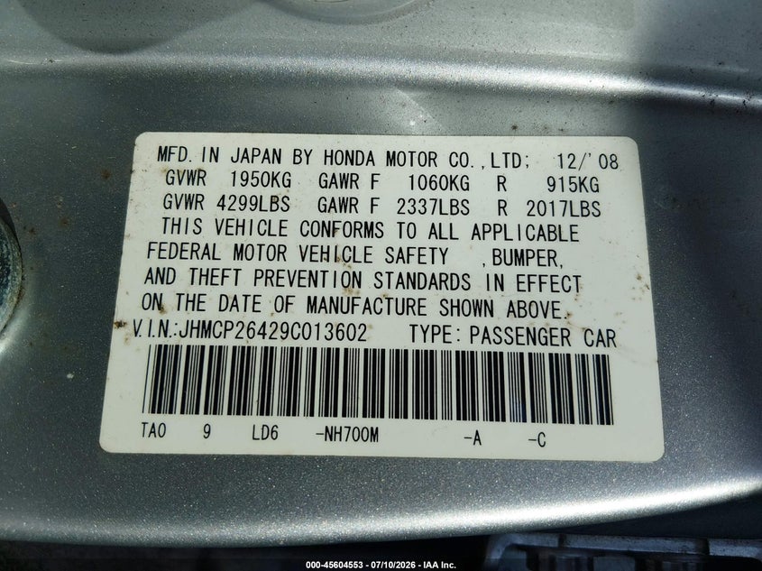 2009 Honda Accord VIN JHMCP26429C013602 IAAI salvage auction — NORMAL WEAR, Clear - Dealer Only (California), sold $550 on 2026-07-20 (photo 9)