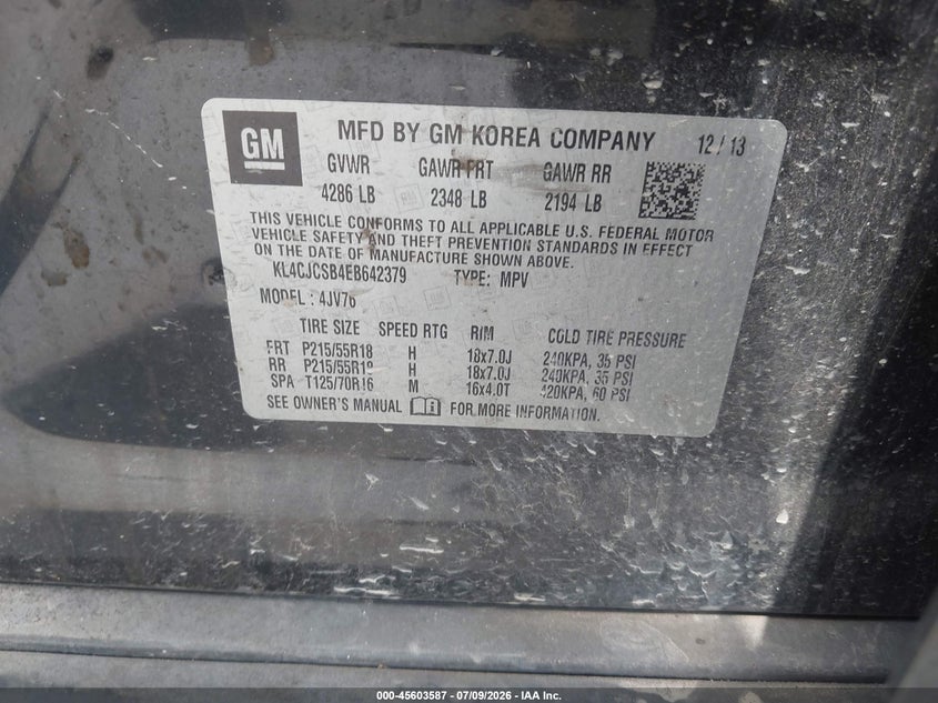 2014 Buick Encore VIN KL4CJCSB4EB642379 IAAI salvage auction — NORMAL WEAR, Original (Texas), sold $500 on 2026-07-28 (photo 9)