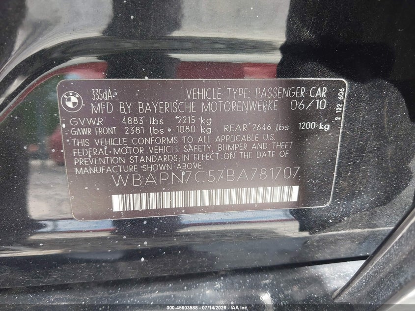 2011 BMW 3 series VIN WBAPN7C57BA781707 IAAI salvage auction — FRONT END, Rebuildable (Florida), sold $1,050 on 2026-07-29 (photo 9)